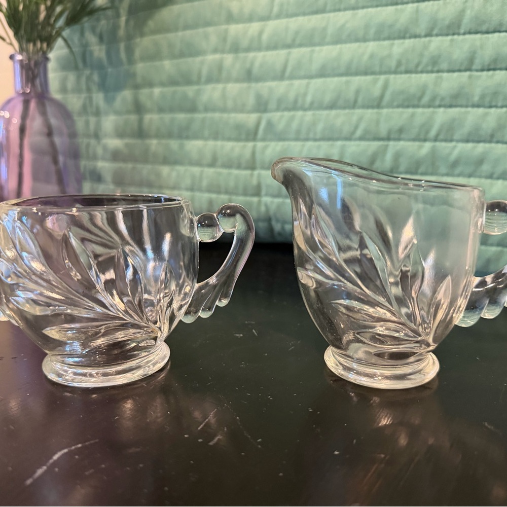 Vintage Indiana Pressed Glass Creamer and Sugar Set - Elegant Leaf Motif